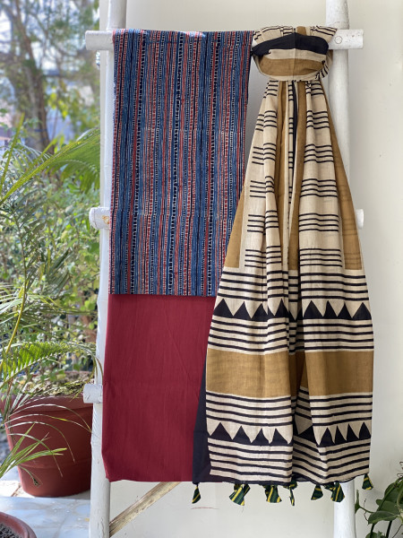 INDIGO-BEIGE  AJRAKH BLOCK PRINT MUL COTTON DUPATTA SET