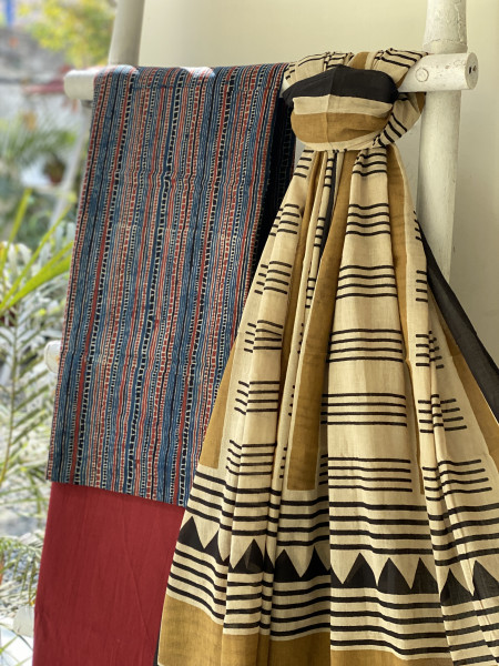 INDIGO-BEIGE  AJRAKH BLOCK PRINT MUL COTTON DUPATTA SET