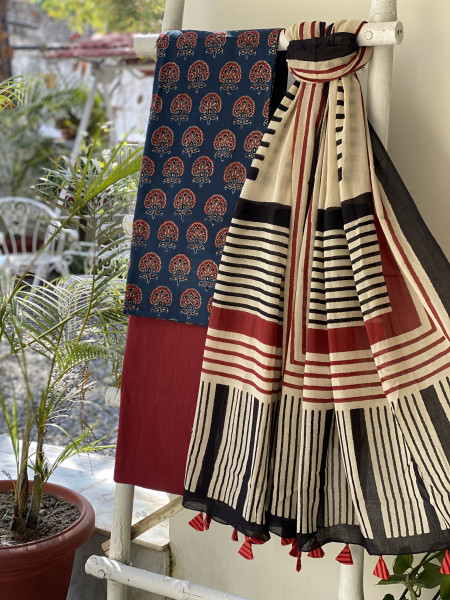 INDIGO-BEIGE  AJRAKH BLOCK PRINT MUL COTTON DUPATTA SET