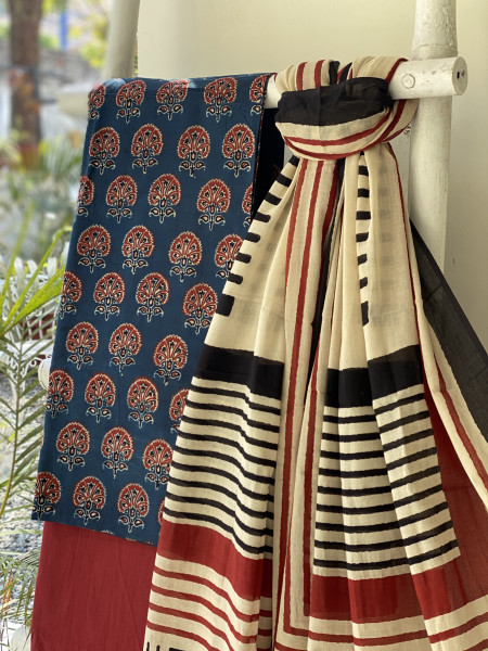 INDIGO-BEIGE  AJRAKH BLOCK PRINT MUL COTTON DUPATTA SET