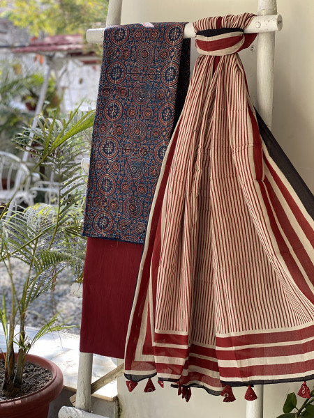 INDIGO-BEIGE  AJRAKH BLOCK PRINT MUL COTTON DUPATTA SET