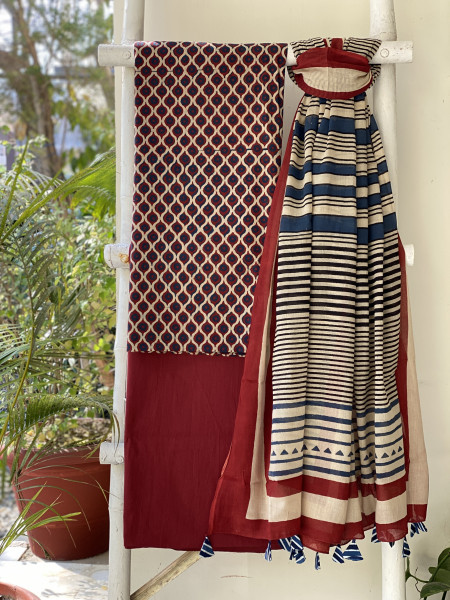 MULTI COLOUR-BEIGE  AJRAKH BLOCK PRINT MUL COTTON DUPATTA SET