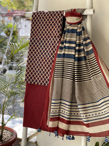 MULTI COLOUR-BEIGE  AJRAKH BLOCK PRINT MUL COTTON DUPATTA SET