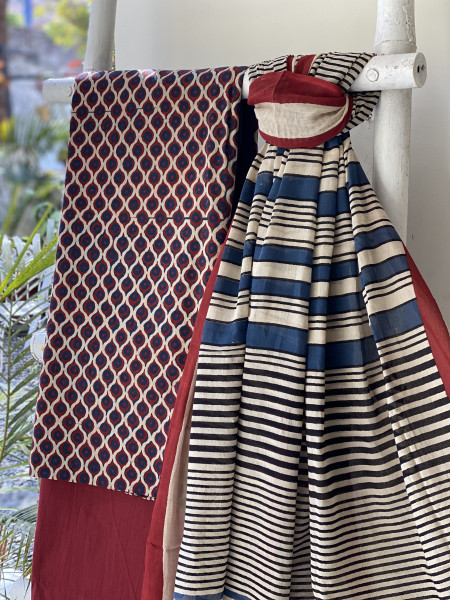 MULTI COLOUR-BEIGE  AJRAKH BLOCK PRINT MUL COTTON DUPATTA SET