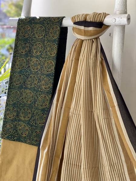 GREEN-BEIGE AJRAKH BLOCK PRINT MUL COTTON DUPATTA SET