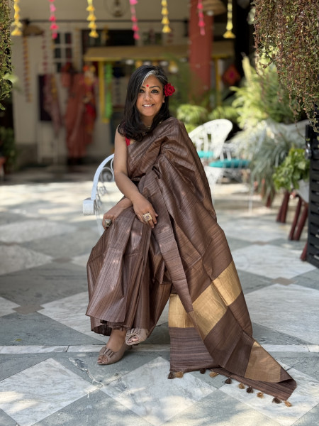 BROWN KOSA SILK WOVEN ZARI SARI