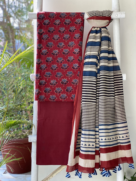 MAROON-BEIGE AJRAKH BLOCK PRINT MUL COTTON DUPATTA SET