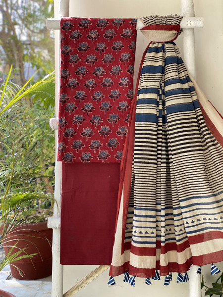 MAROON-BEIGE AJRAKH BLOCK PRINT MUL COTTON DUPATTA SET