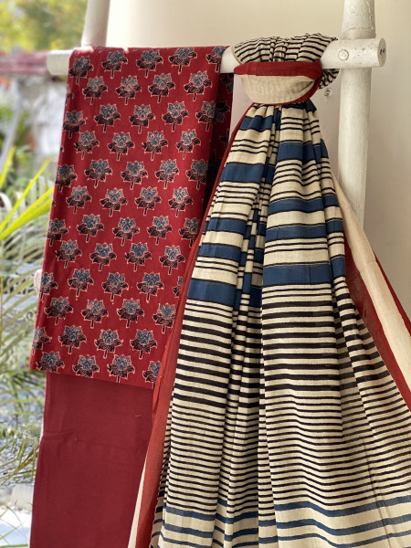 MAROON-BEIGE AJRAKH BLOCK PRINT MUL COTTON DUPATTA SET