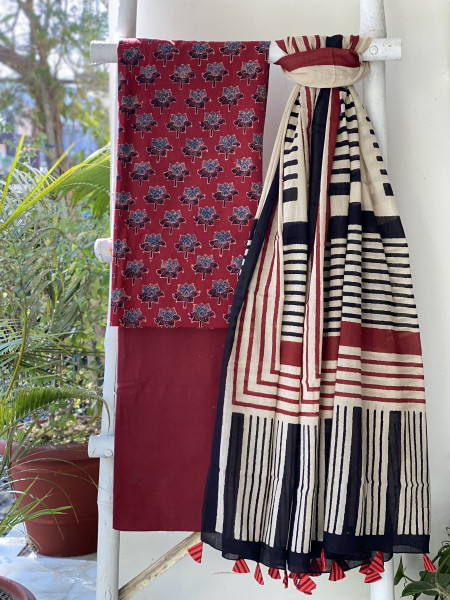 MAROON-BEIGE AJRAKH BLOCK PRINT MUL COTTON DUPATTA SET