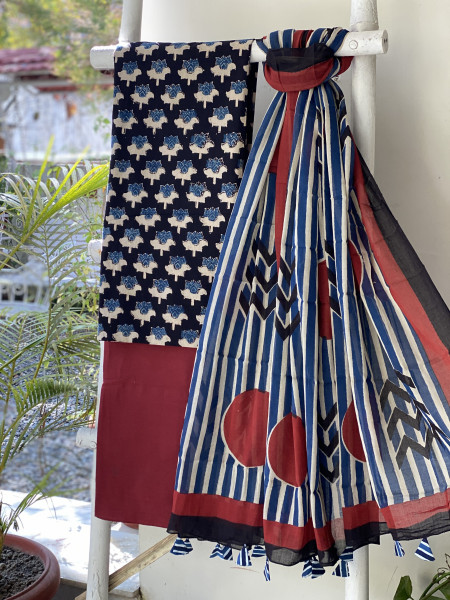 BLACK-MULTI COLOUR AJRAKH BLOCK PRINT MUL COTTON DUPATTA SET