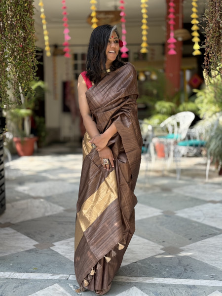 BROWN KOSA SILK WOVEN ZARI SARI