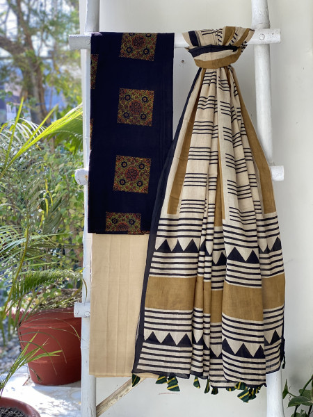 BLACK-BEIGE AJRAKH BLOCK PRINT MUL COTTON DUPATTA SET