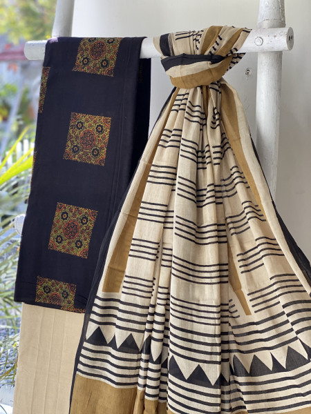 BLACK-BEIGE AJRAKH BLOCK PRINT MUL COTTON DUPATTA SET