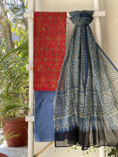 MAROON & INDIGO AJRAKH BLOCK PRINT KOTA DUPATTA SET