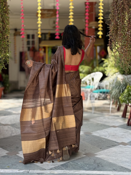 BROWN KOSA SILK WOVEN ZARI SARI