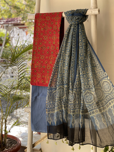 MAROON & INDIGO AJRAKH BLOCK PRINT KOTA DUPATTA SET