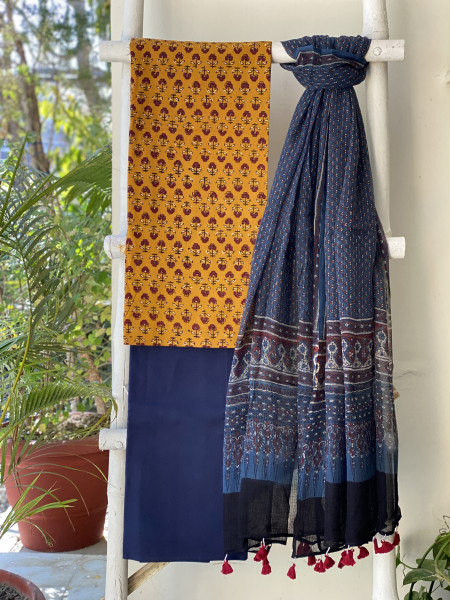 MUSTARD & INDIGO AJRAKH BLOCK PRINT KOTA DUPATTA SET