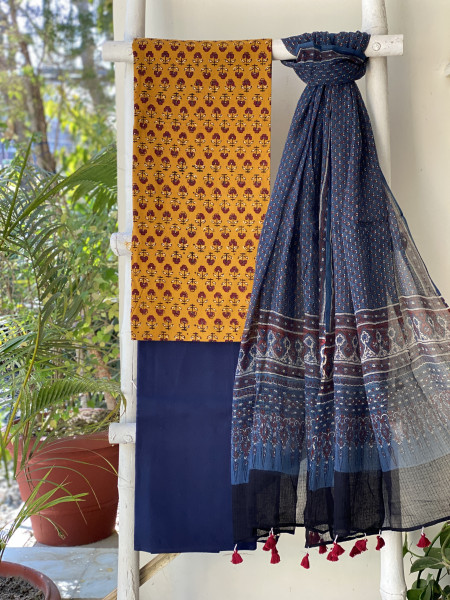 MUSTARD & INDIGO AJRAKH BLOCK PRINT KOTA DUPATTA SET