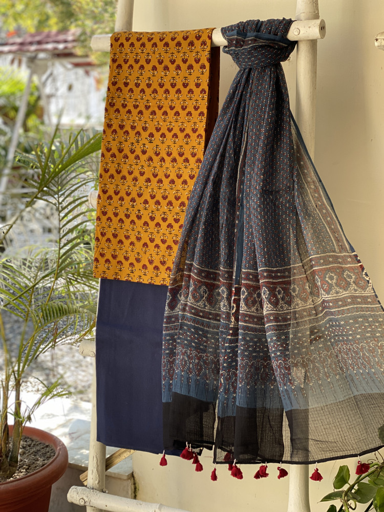 Image of MUSTARD &amp; INDIGO AJRAKH BLOCK PRINT KOTA DUPATTA SET