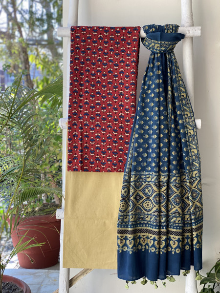 MAROON-INDIGO  AJRAKH BLOCK PRINT MUL COTTON DUPATTA SET