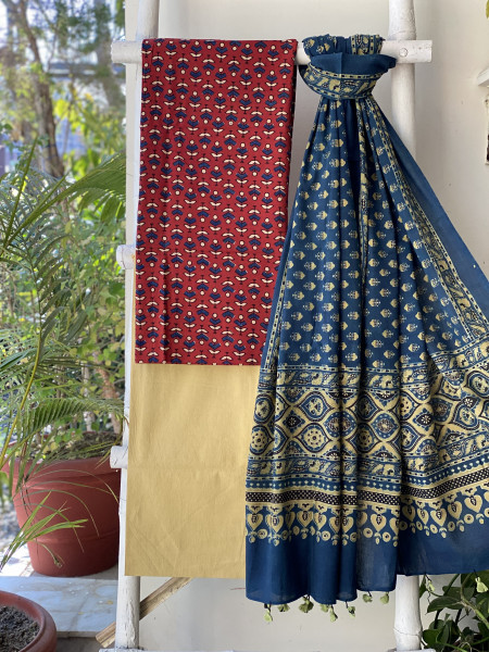 MAROON-INDIGO  AJRAKH BLOCK PRINT MUL COTTON DUPATTA SET