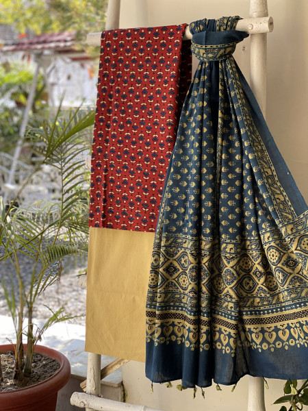 MAROON-INDIGO  AJRAKH BLOCK PRINT MUL COTTON DUPATTA SET