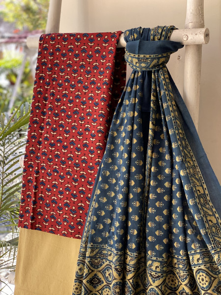 MAROON-INDIGO  AJRAKH BLOCK PRINT MUL COTTON DUPATTA SET