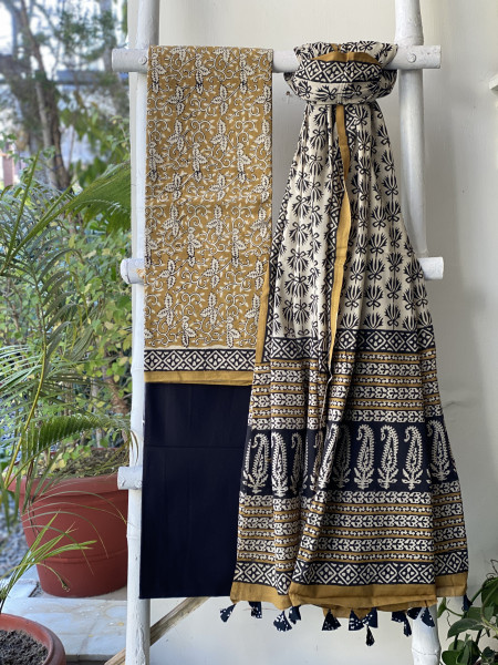 MUSTARD-BLACK  HAND BLOCK PRINT MUL COTTON DUPATTA SET
