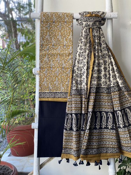 MUSTARD-BLACK  HAND BLOCK PRINT MUL COTTON DUPATTA SET