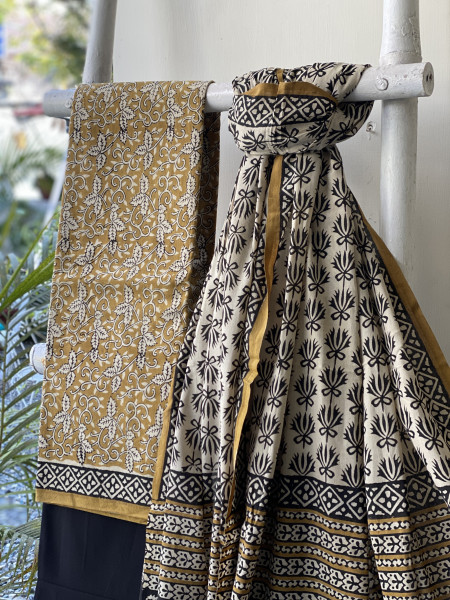 MUSTARD-BLACK  HAND BLOCK PRINT MUL COTTON DUPATTA SET