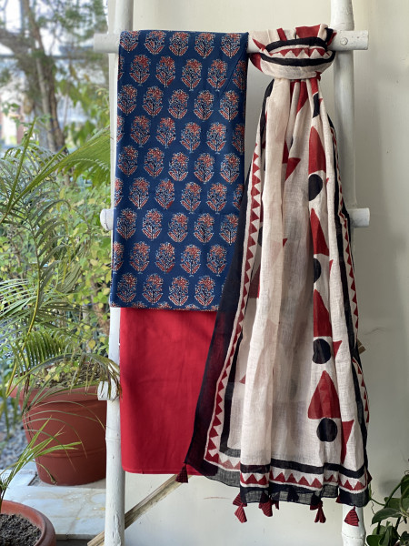 INDIGO-BEIGE BLOCK PRINT LINEN DUPATTA SUIT SET