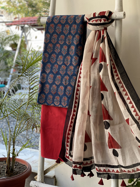 INDIGO-BEIGE BLOCK PRINT LINEN DUPATTA SUIT SET