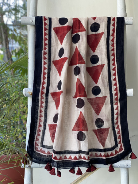 INDIGO-BEIGE BLOCK PRINT LINEN DUPATTA SUIT SET