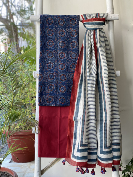 INDIGO-BEIGE BLOCK PRINT LINEN DUPATTA SUIT SET