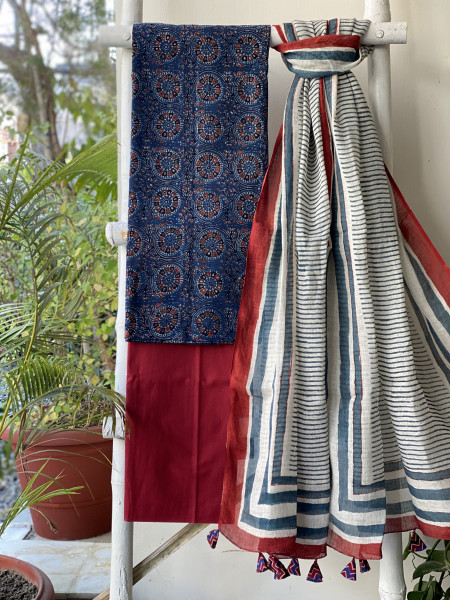 INDIGO-BEIGE BLOCK PRINT LINEN DUPATTA SUIT SET