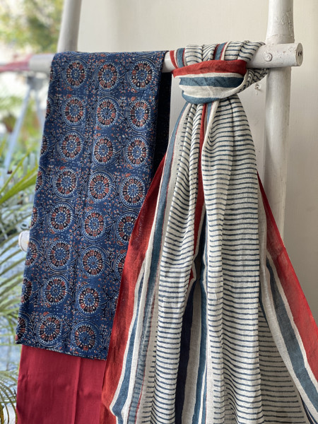 INDIGO-BEIGE BLOCK PRINT LINEN DUPATTA SUIT SET