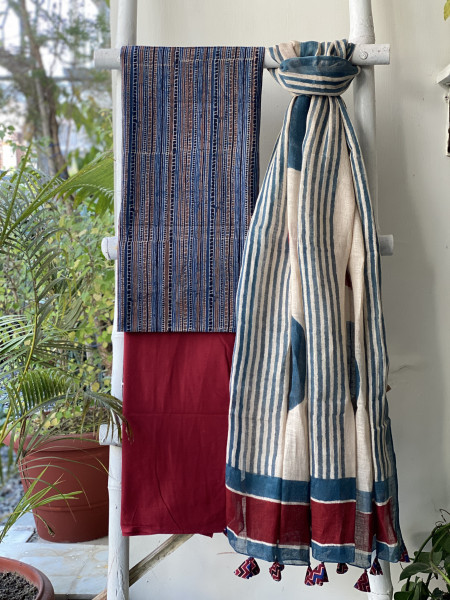 INDIGO-BEIGE BLOCK PRINT LINEN DUPATTA SUIT SET