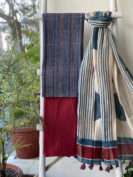 INDIGO-BEIGE BLOCK PRINT LINEN DUPATTA SUIT SET