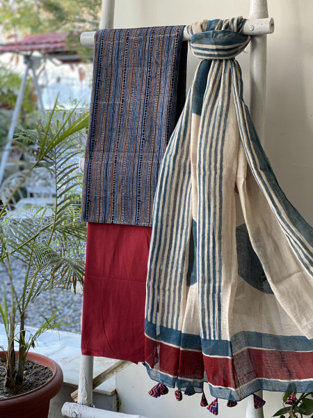 INDIGO-BEIGE BLOCK PRINT LINEN DUPATTA SUIT SET