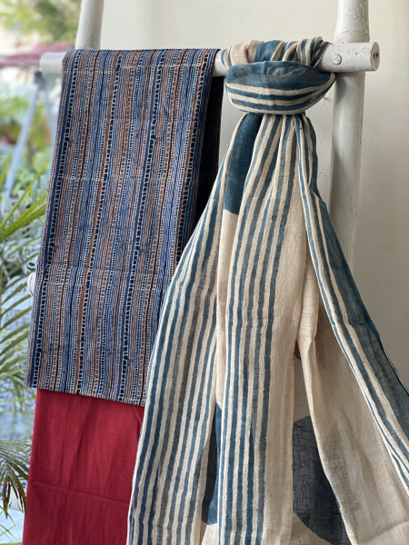 INDIGO-BEIGE BLOCK PRINT LINEN DUPATTA SUIT SET