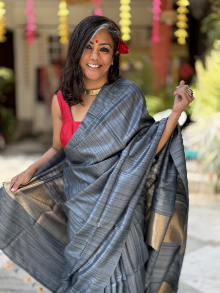 GREY KOSA SILK WOVEN ZARI SARI