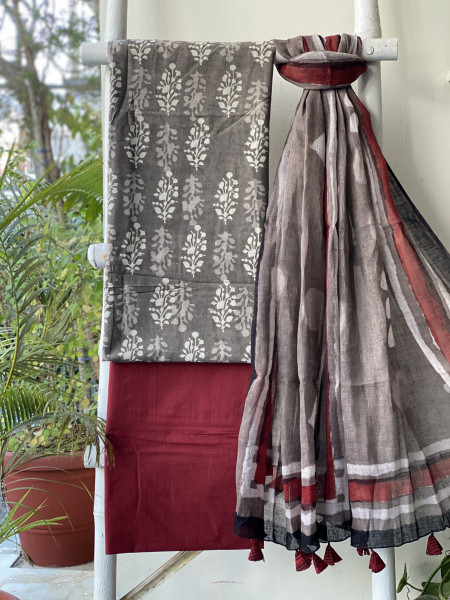 GREY-MAROON BLOCK PRINT LINEN DUPATTA SUIT SET