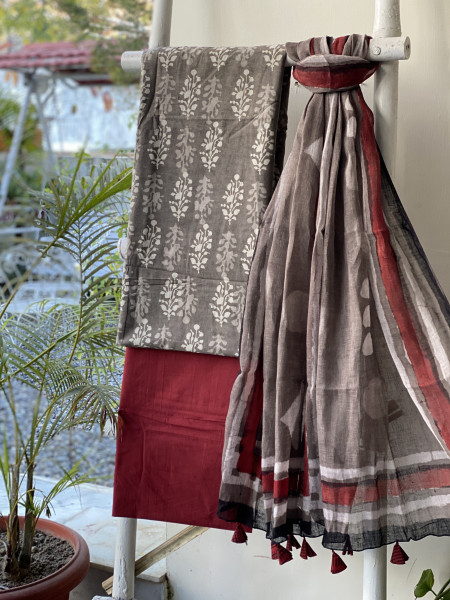 GREY-MAROON BLOCK PRINT LINEN DUPATTA SUIT SET