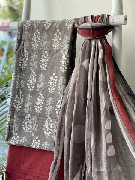 GREY-MAROON BLOCK PRINT LINEN DUPATTA SUIT SET