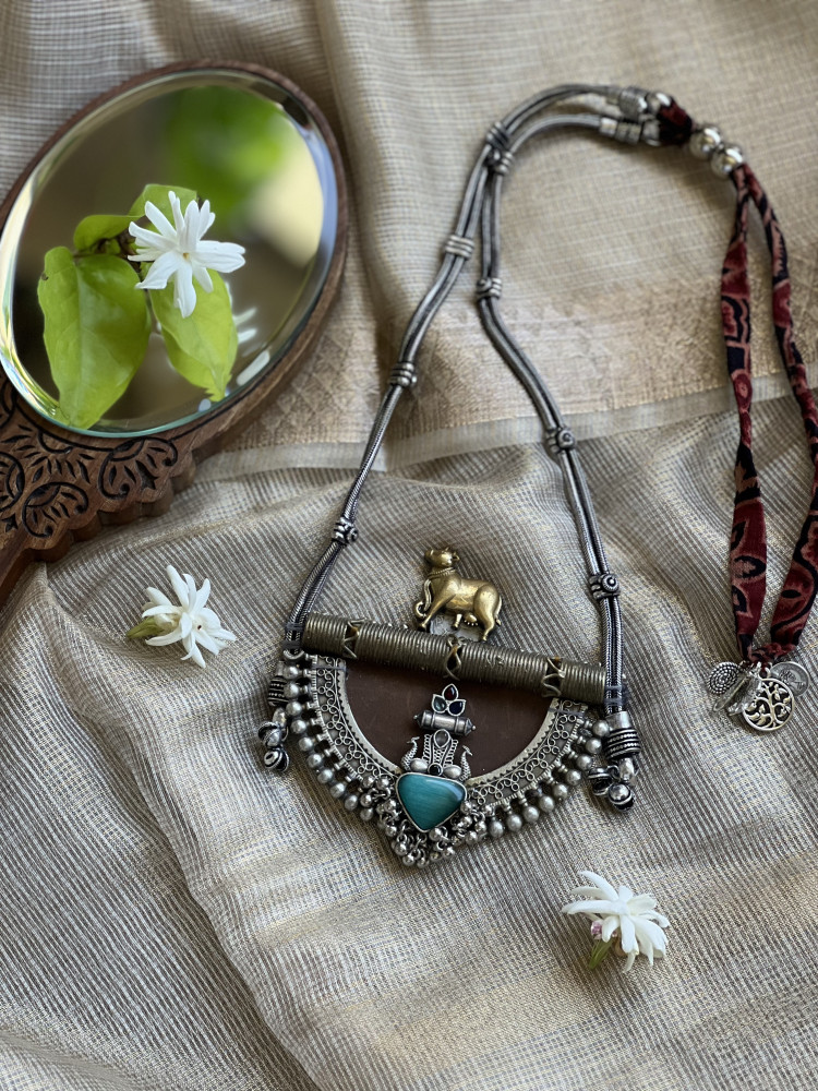 Image of BRASS &amp; FABRIC Handcrafted LONG NECKLACE