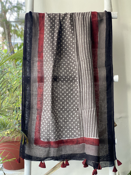 GREY-MAROON BLOCK PRINT LINEN DUPATTA SUIT SET