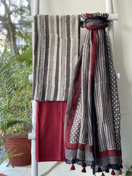GREY-MAROON BLOCK PRINT LINEN DUPATTA SUIT SET