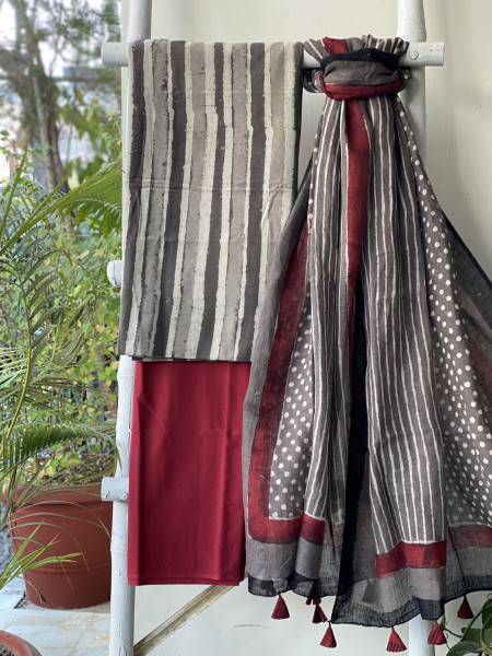 GREY-MAROON BLOCK PRINT LINEN DUPATTA SUIT SET
