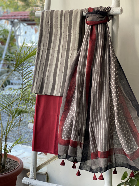 GREY-MAROON BLOCK PRINT LINEN DUPATTA SUIT SET